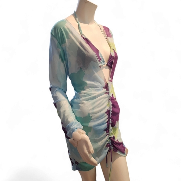 Multicolor triangle Itty bitty string bikini cheeky purple blue green L cover-up - Picture 6 of 7